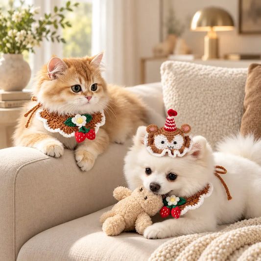 Pawlorette Handmade Crochet Pet Hat Bib Set